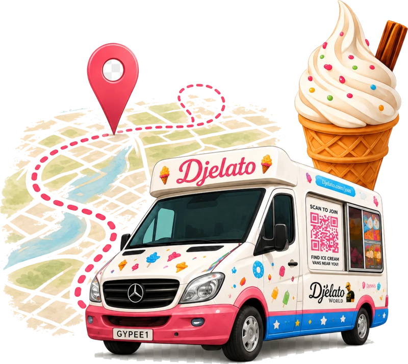 A Djelato van live on the map with a location pin and a scan-to-join QR code